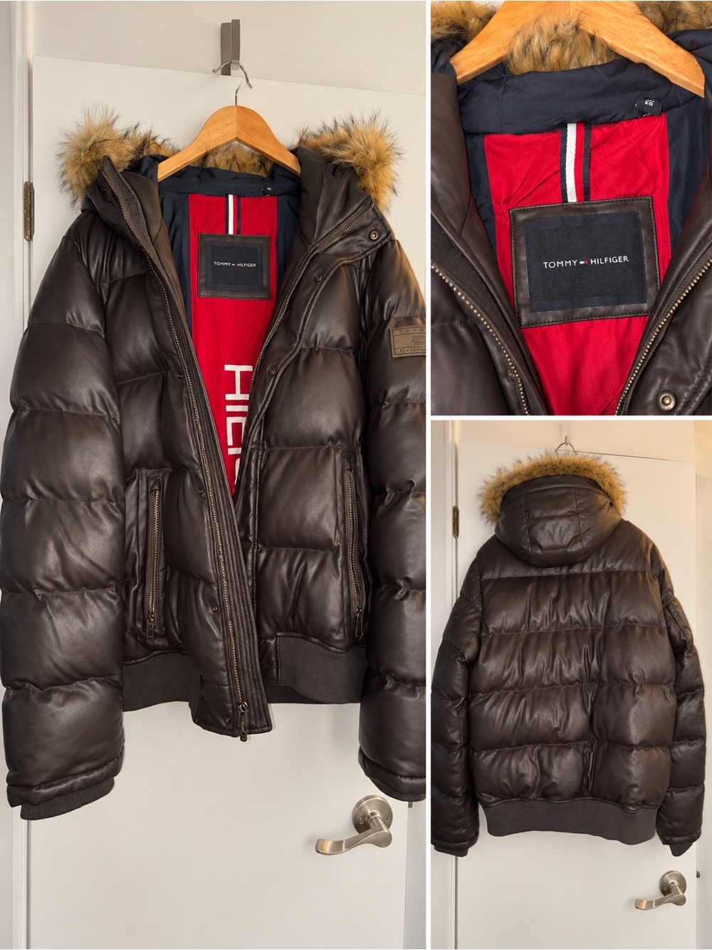 Tommy Hilfiger Men's Dark Brown Puffer Jacket with Faux Fur Hood
